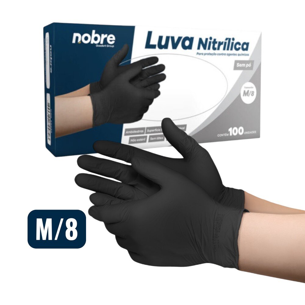 Caixa com 100 Luvas Nitrílicas sem Pó M Nobre Proteção Químicos Descartável Preta