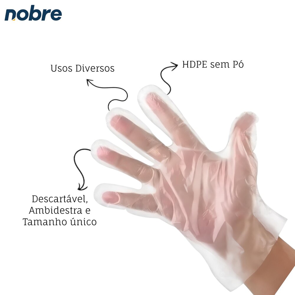 Kit 100 Luvas Plásticas Descartáveis HDPE Nobre Tamanho Único Ambidestras