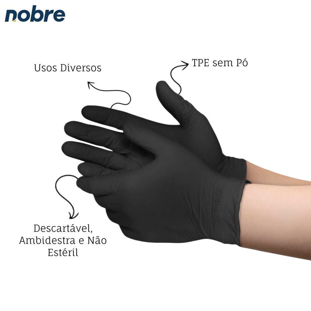 Caixa com 100 Luvas TPE sem Pó Descartável P Preta Nobre Nobreflex para Alimentos