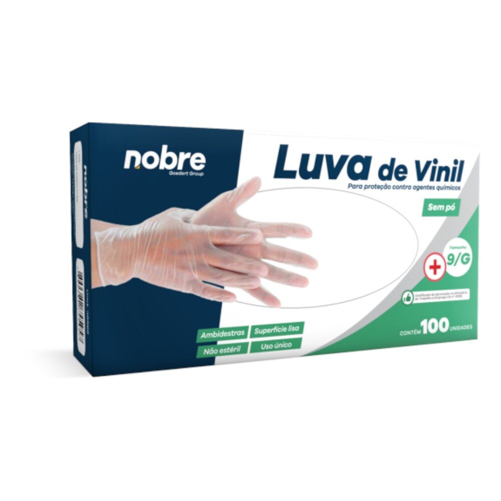 Caixa com 100 Luvas Vinil s/ Pó G Nobre CA 41265 p/ Químicos e Saúde Transparente