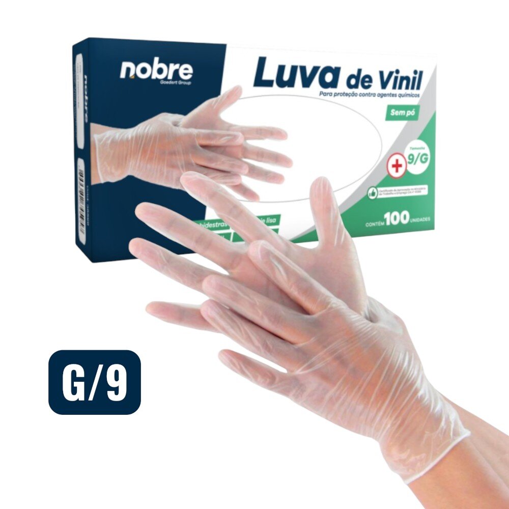 Caixa com 100 Luvas Vinil s/ Pó G Nobre CA 41265 p/ Químicos e Saúde Transparente