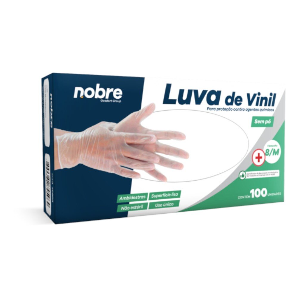 Caixa com 100 Luvas Vinil s/ Pó M Nobre CA 41265 p/ Químicos e Saúde Transparente