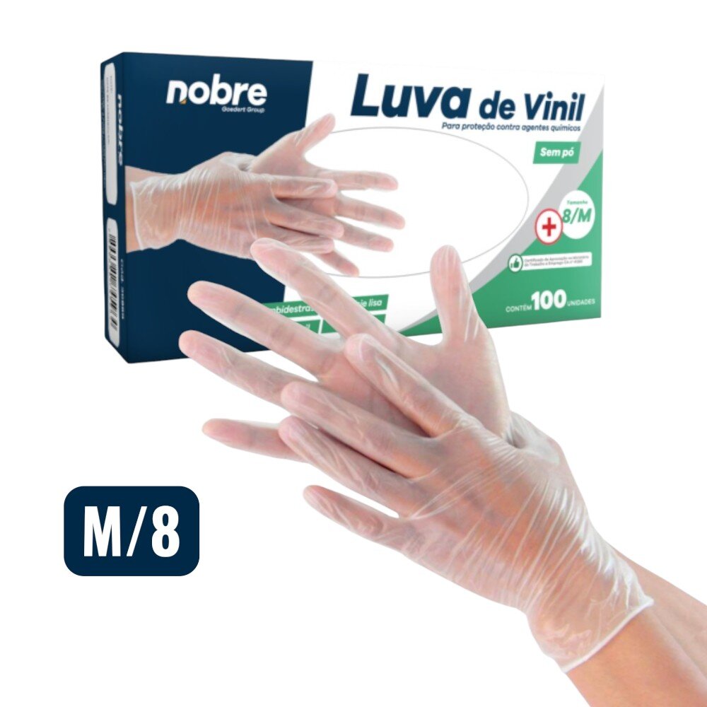 Caixa com 100 Luvas Vinil s/ Pó M Nobre CA 41265 p/ Químicos e Saúde Transparente