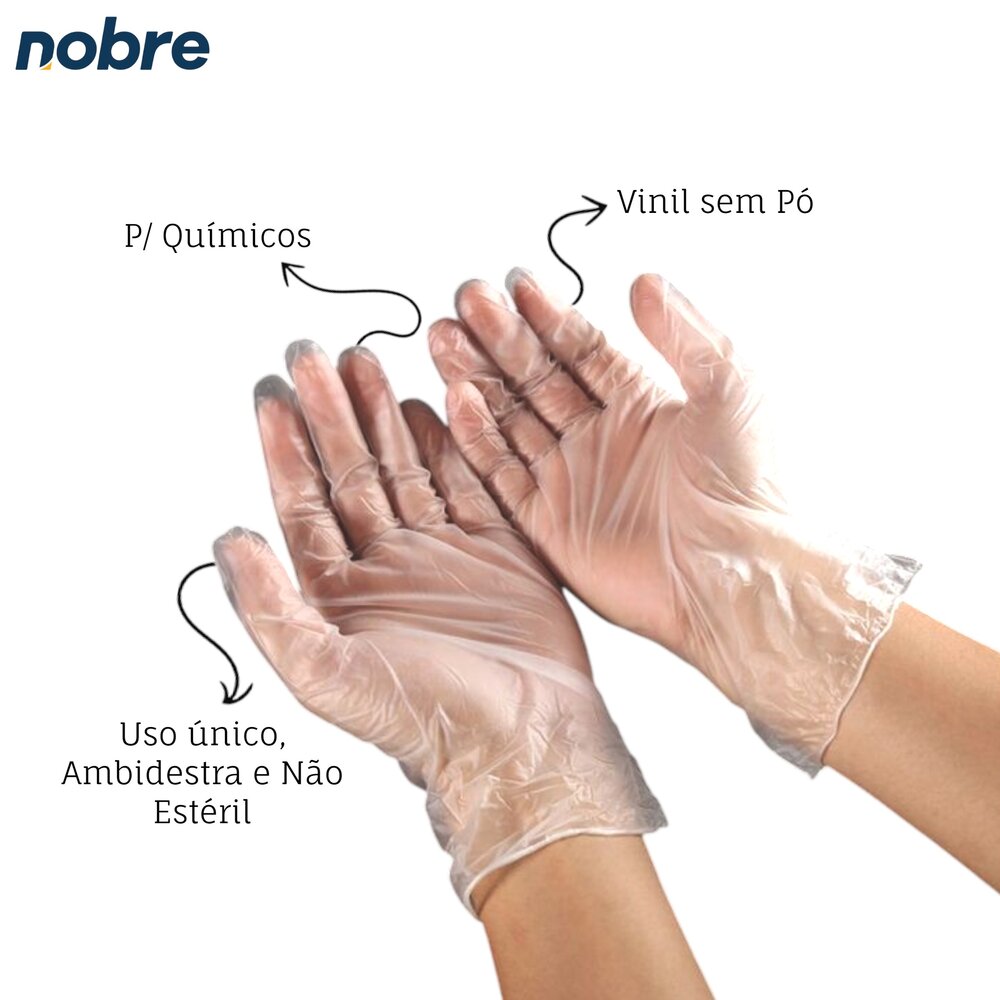 Caixa com 100 Luvas Vinil s/ Pó P Nobre CA 41265 p/ Químicos e Saúde Transparente