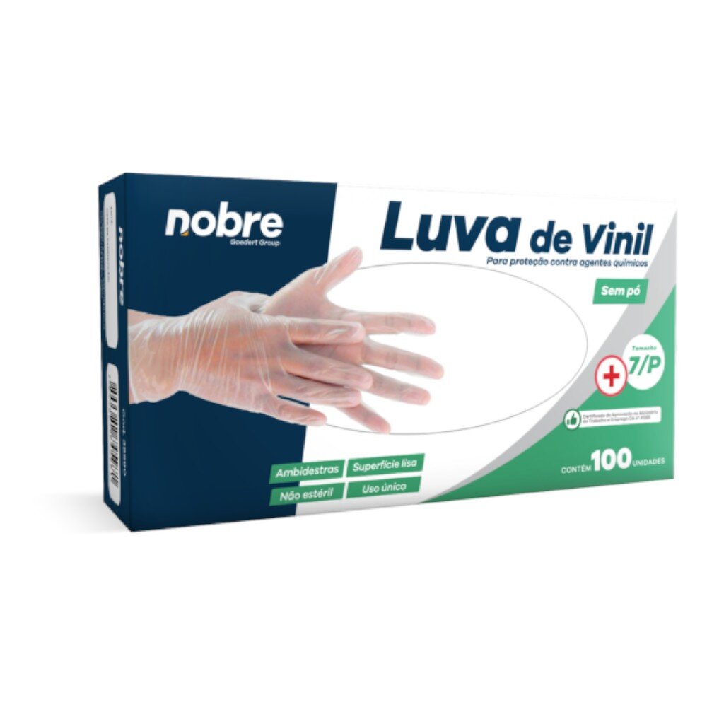 Caixa com 100 Luvas Vinil s/ Pó P Nobre CA 41265 p/ Químicos e Saúde Transparente