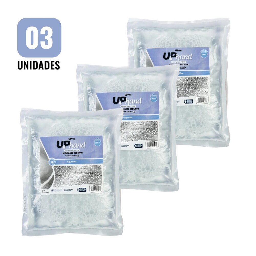 Kit 3 Refil Sabonete Espuma 600ml Algodão Up Hand Bag s/ Válvula - UPPRO