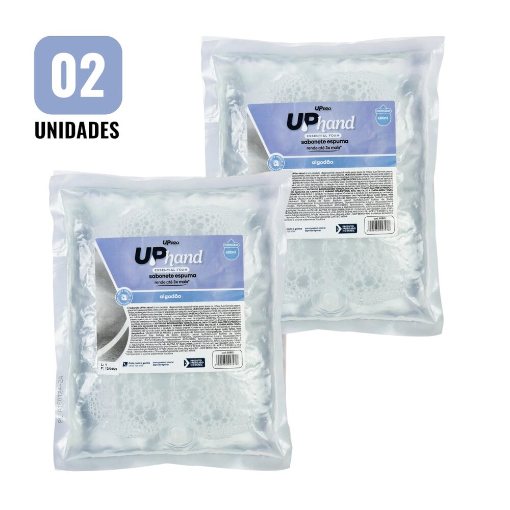 Kit 2 Refil Sabonete Espuma 600ml Algodão Up Hand Bag s/ Válvula - UPPRO