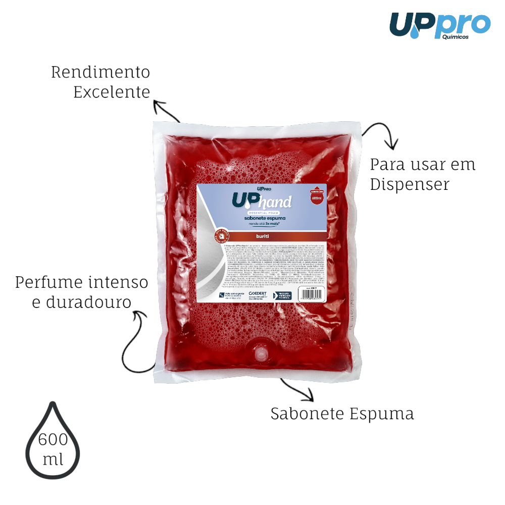 Kit 3 Refil Sabonete Espuma 600ml Buriti Up Hand Bag s/ Válvula - UPPRO