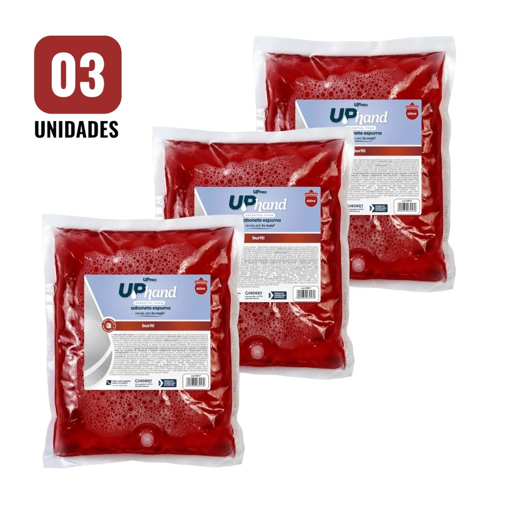 Kit 3 Refil Sabonete Espuma 600ml Buriti Up Hand Bag s/ Válvula - UPPRO