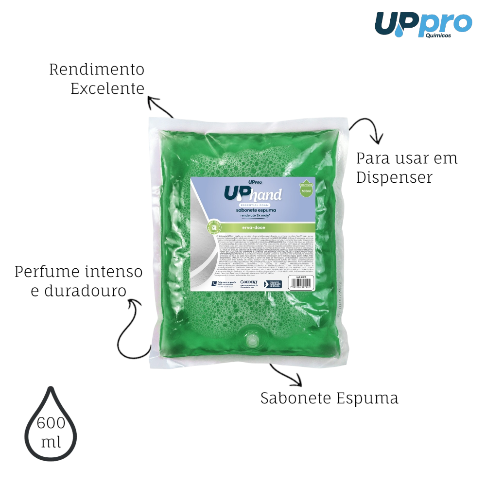 Kit 3 Refil Sabonete Espuma 600ml Erva Doce Up Hand Bag s/ Válvula - UPPRO