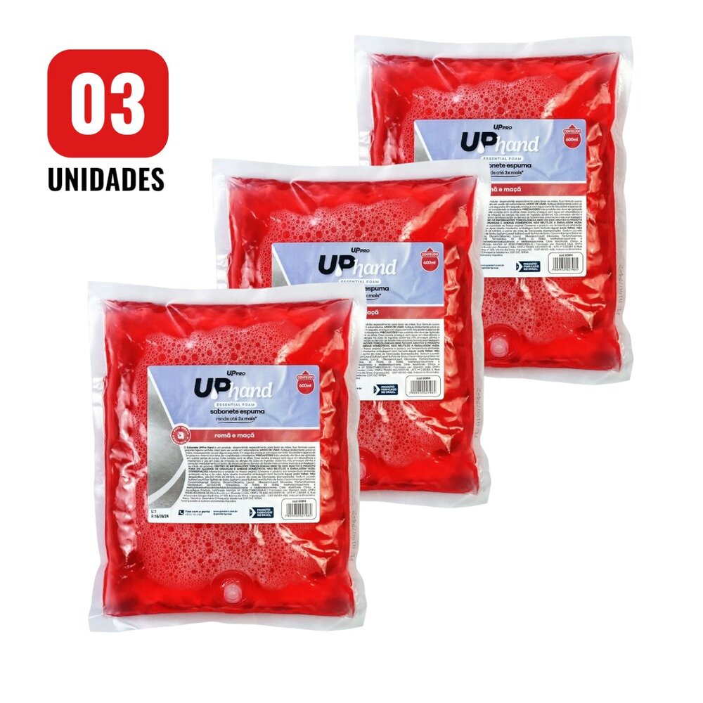 Kit 3 Refil Sabonete Espuma 600ml Romã e Maçã Up Hand Bag s/ Válvula - UPPRO