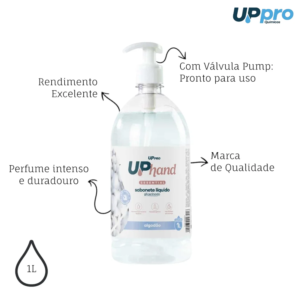 Sabonete Líquido Glicerinado 1L Algodão Up Hand c/ Pump Dispenser UPPRO
