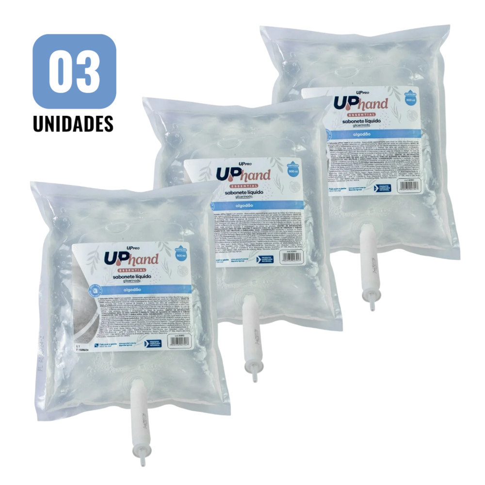 Kit 3 Sabonetes Líquidos Glicerinados 800ml Algodão com Válvula para Dispenser UPPRO