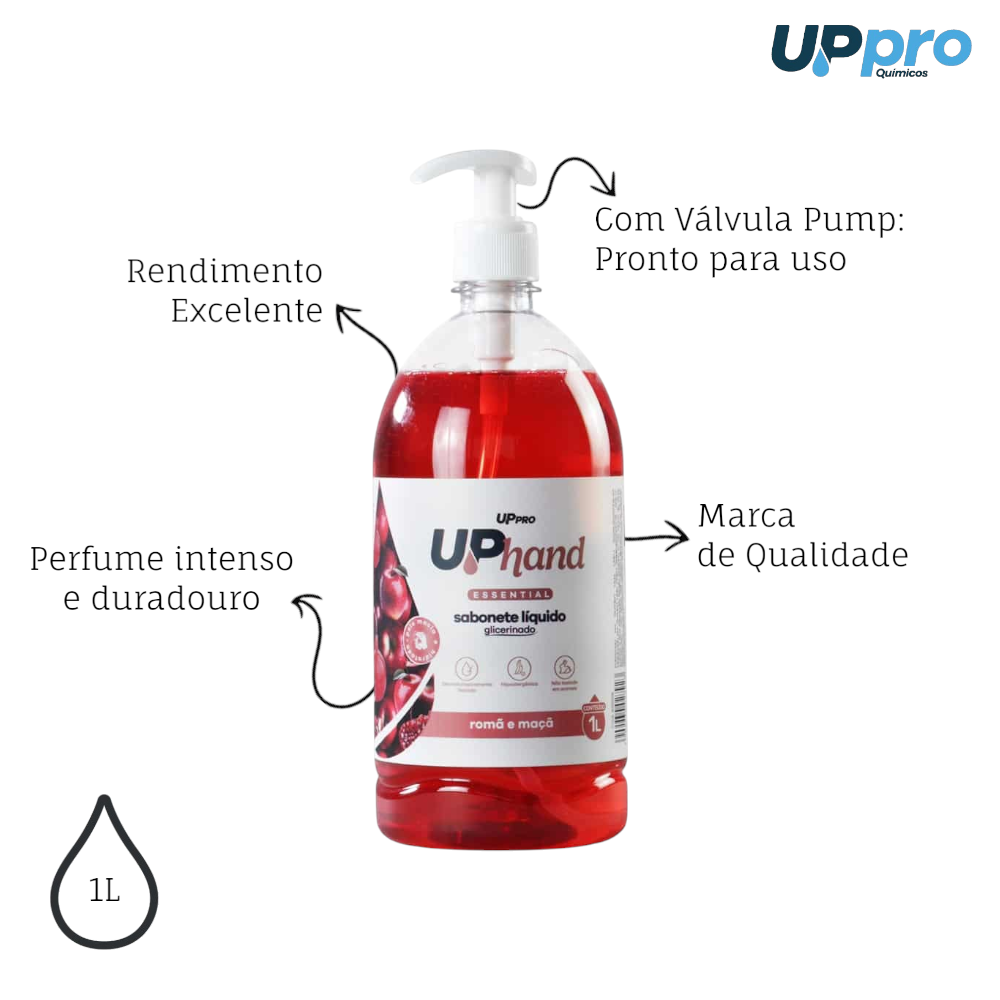 Kit 2 Sabonetes Líquidos Glicerinados 1L Romã e Maçã Up Hand c/ Pump Dispenser UPPRO