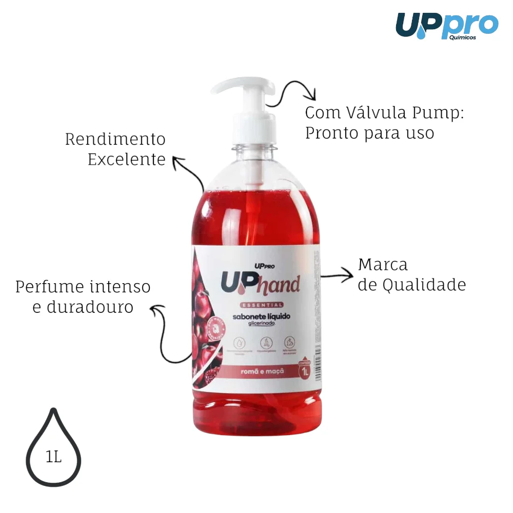 Sabonete Líquido Glicerinado 1L Romã e Maçã Up Hand c/ Pump Dispenser UPPRO