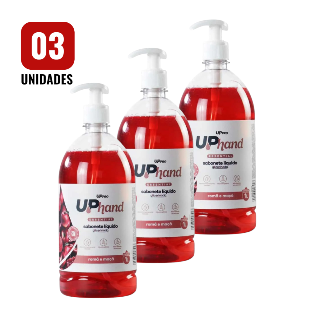 Kit 3 Sabonetes Líquidos Glicerinados 1L Romã e Maçã Up Hand c/ Pump Dispenser UPPRO