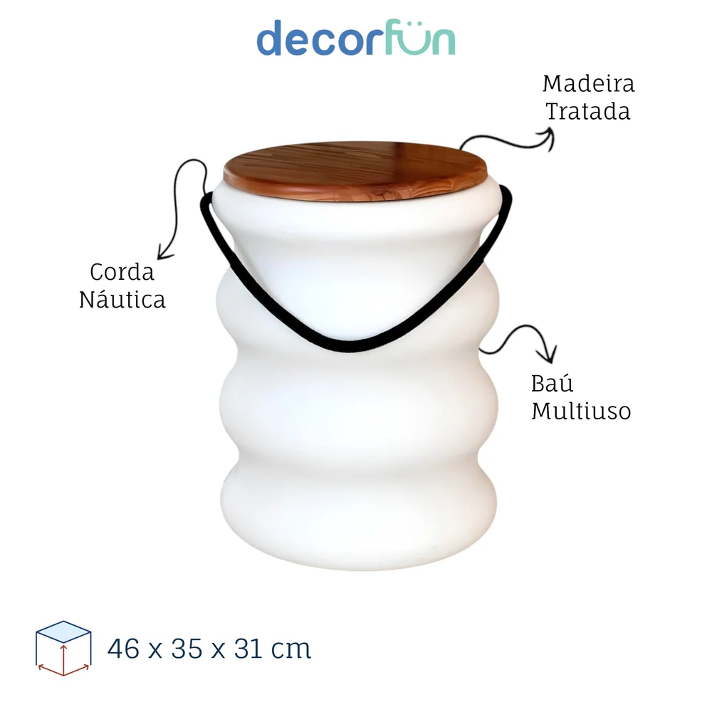 Banqueta Baú Ondulada Tampo de Madeira e Alça em Corda Náutica