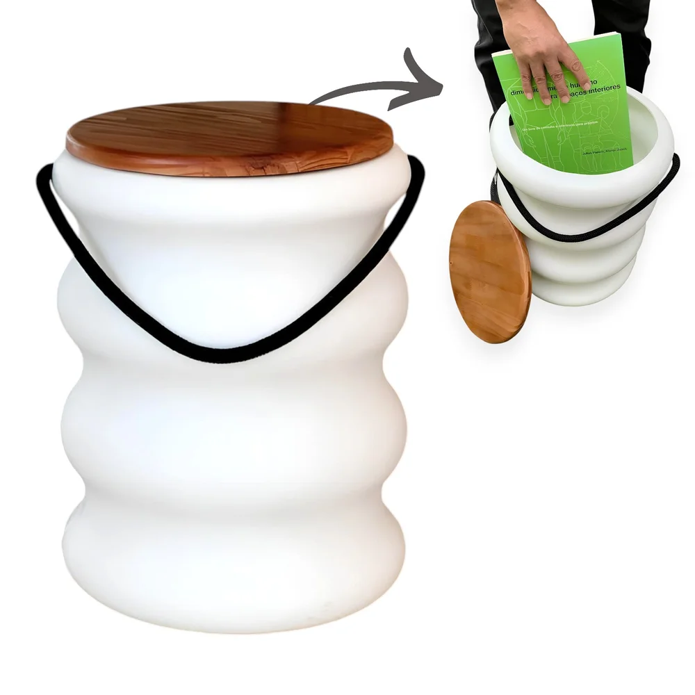 Banqueta Baú Ondulada Tampo de Madeira e Alça em Corda Náutica