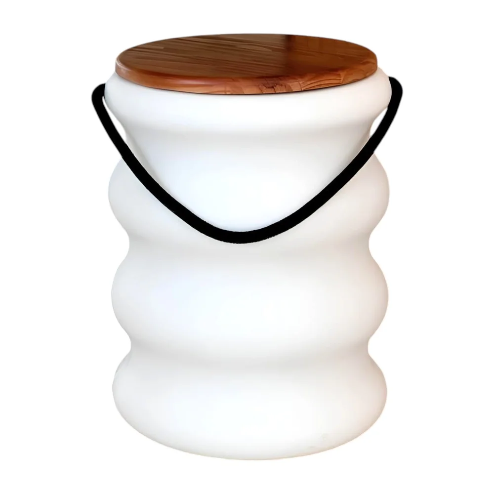 Banqueta Baú Ondulada Tampo de Madeira e Alça em Corda Náutica