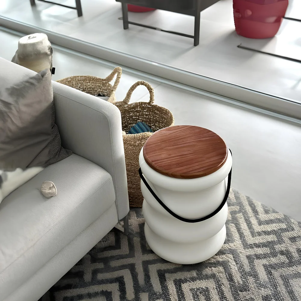 Banqueta Baú Ondulada Tampo de Madeira e Alça em Corda Náutica