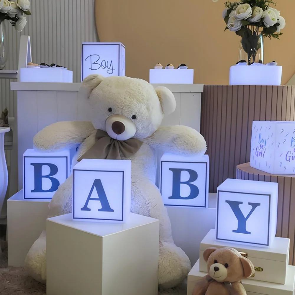 Kit 4 Cubos Iluminados Baby LED RGB Sem Fio Chá Revelação