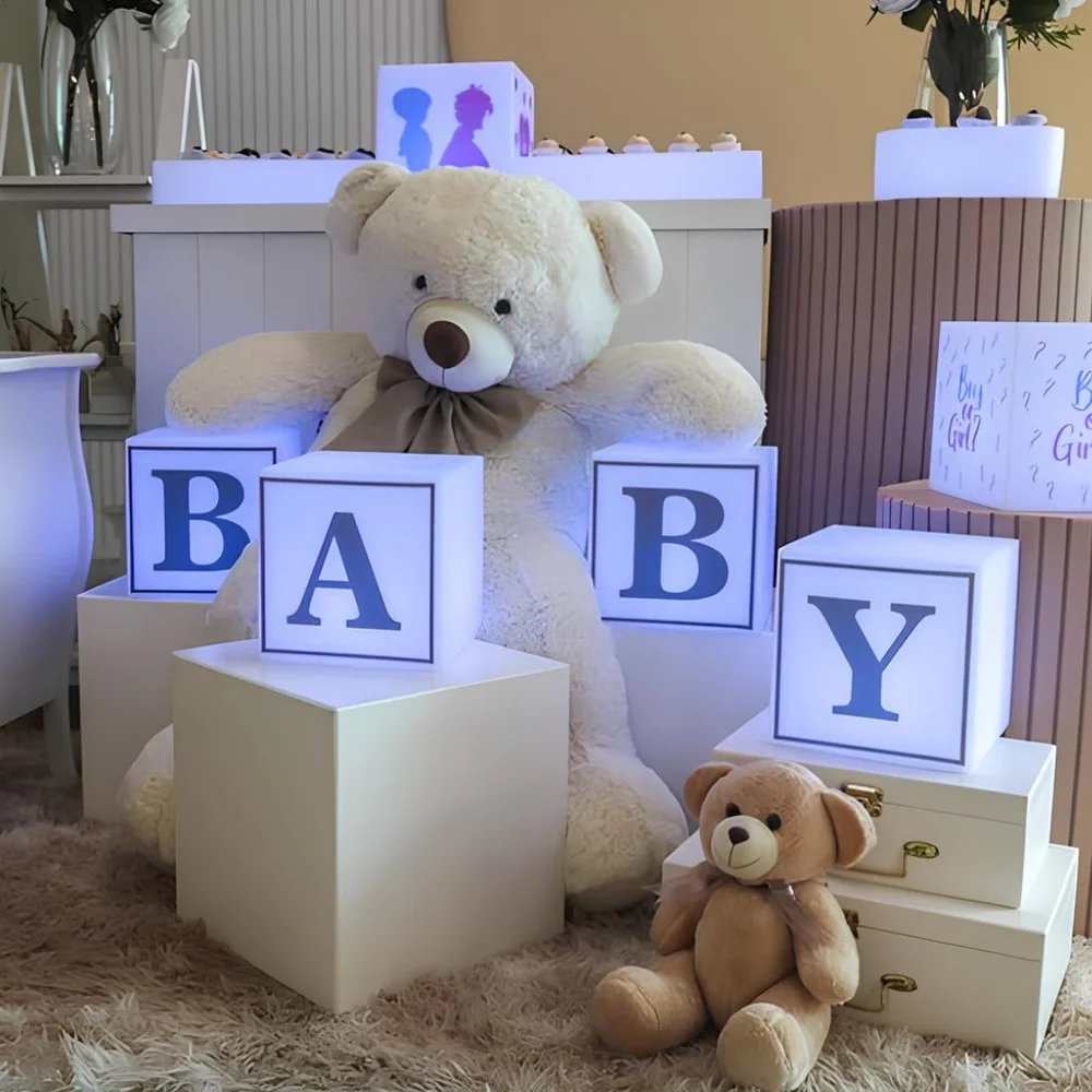 Kit 4 Cubos Iluminados Baby LED RGB Sem Fio Chá Revelação