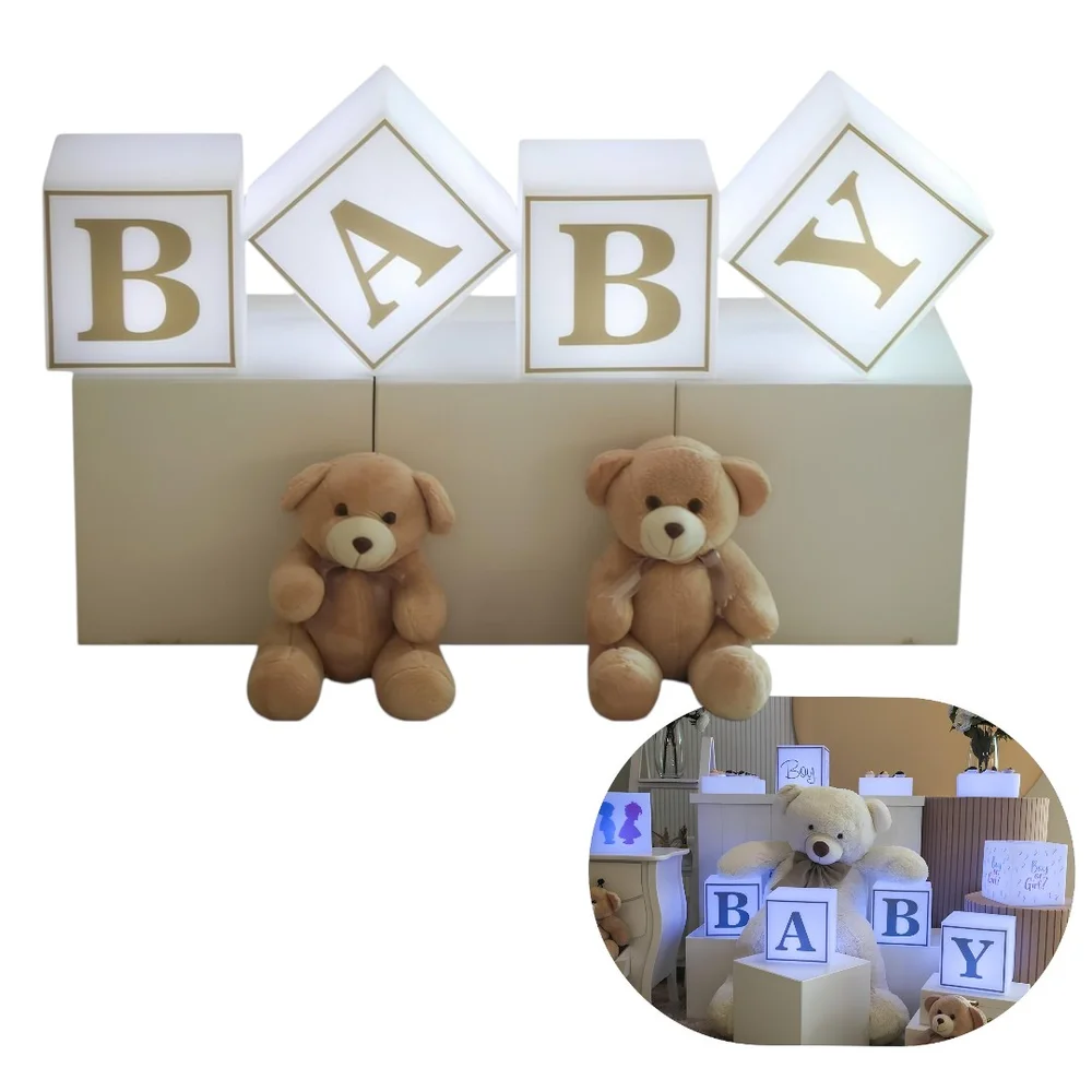 Kit 4 Cubos Iluminados Baby LED RGB Sem Fio Chá Revelação