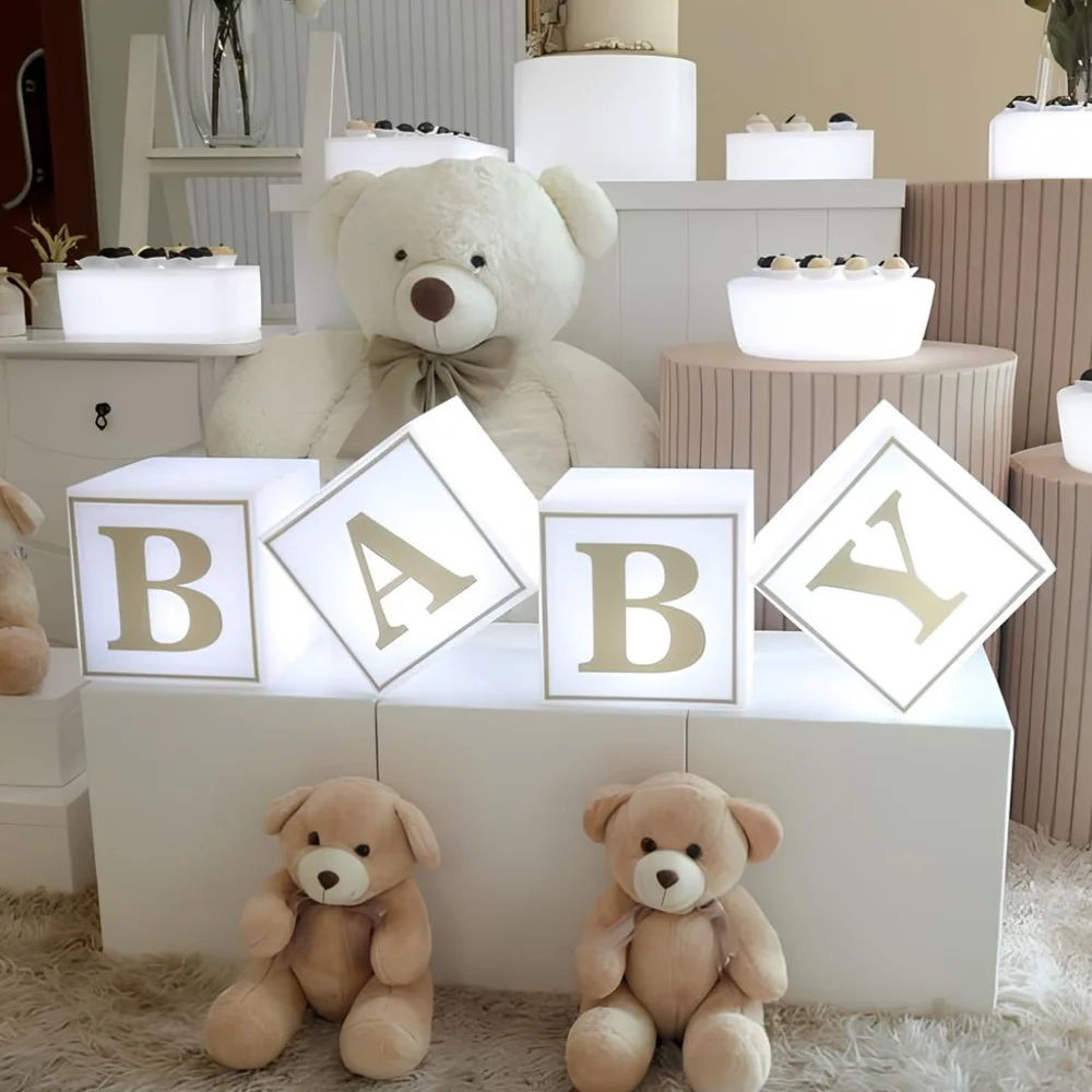 Kit 4 Cubos Iluminados Baby LED Com Fio Chá Revelação