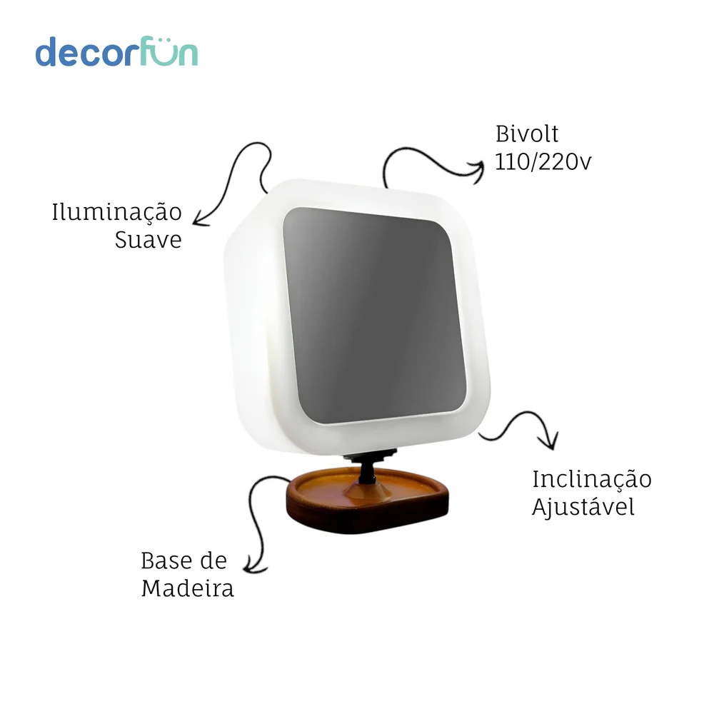 Espelho Maquiagem Iluminado Articulado com Aumento Base de Madeira