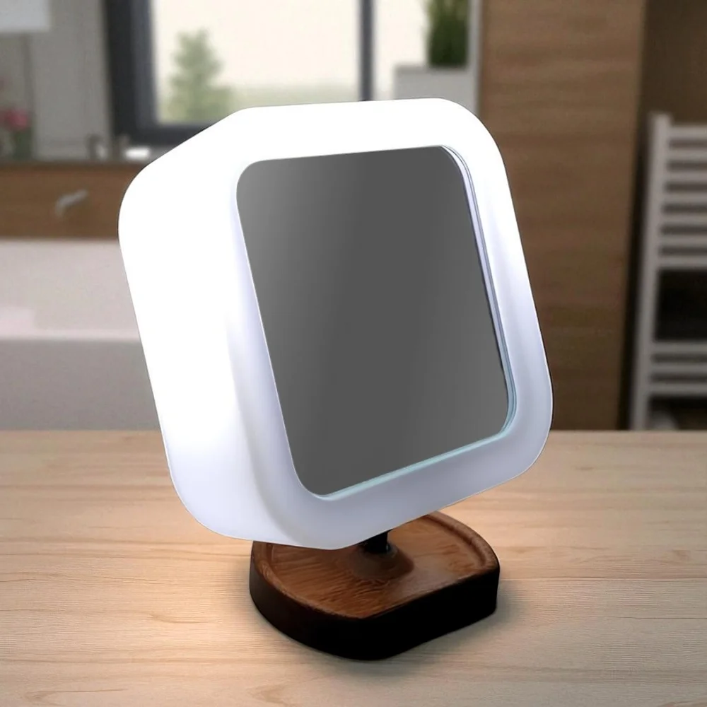 Espelho Maquiagem Iluminado Articulado com Aumento Base de Madeira