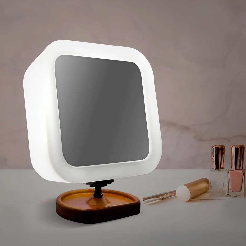 Espelho Maquiagem Iluminado Articulado com Aumento Base de Madeira