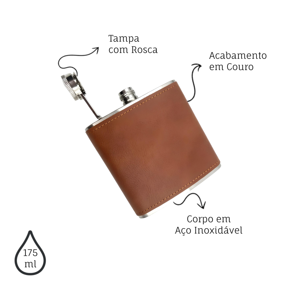 Cantil de Bolso 175ml em Aço Inox com Revestimento em Couro