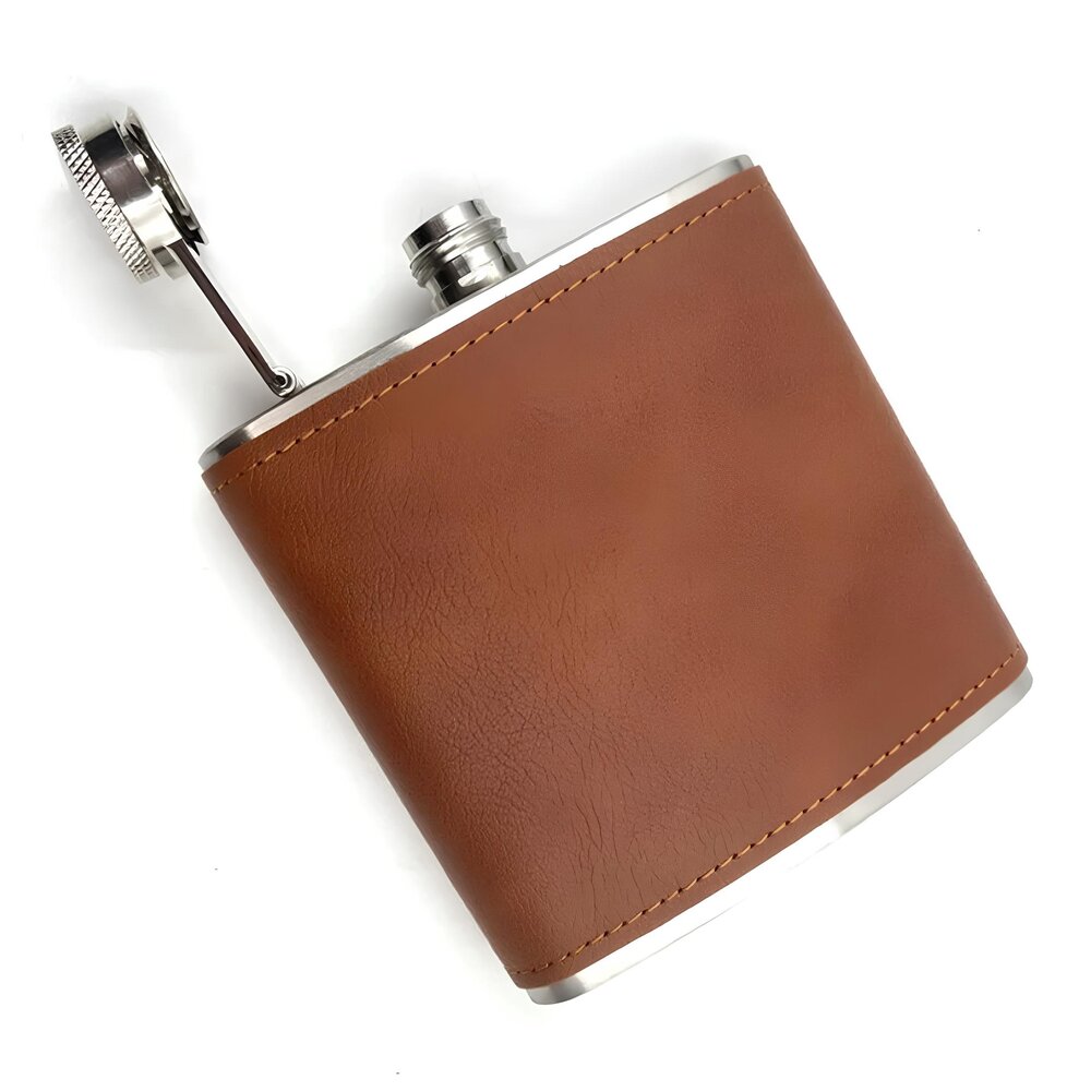 Cantil de Bolso 175ml em Aço Inox com Revestimento em Couro