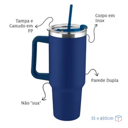 Garrafa Canecão em Inox Parede Dupla 1300ml com Alça e Canudo Azul
