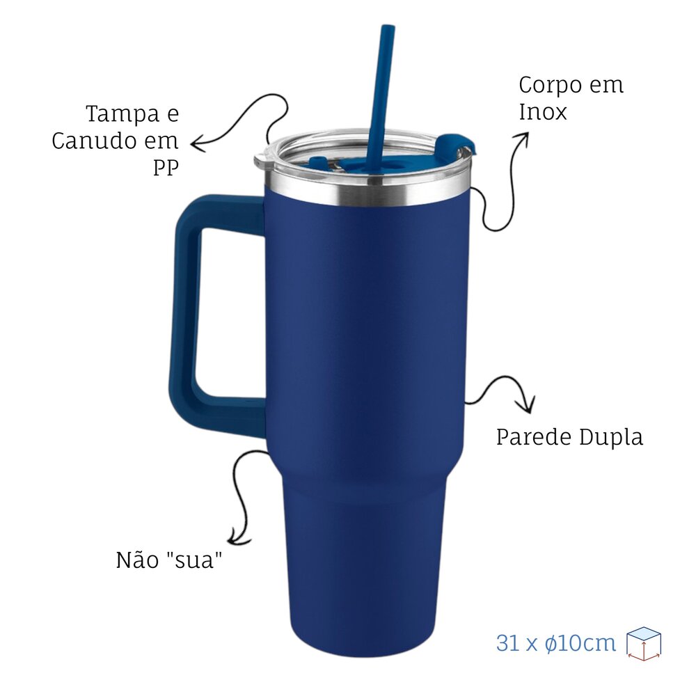 Garrafa Canecão em Inox Parede Dupla 1300ml com Alça e Canudo Azul