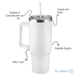 Garrafa Canecão em Inox Parede Dupla 1300ml com Alça e Canudo Branca