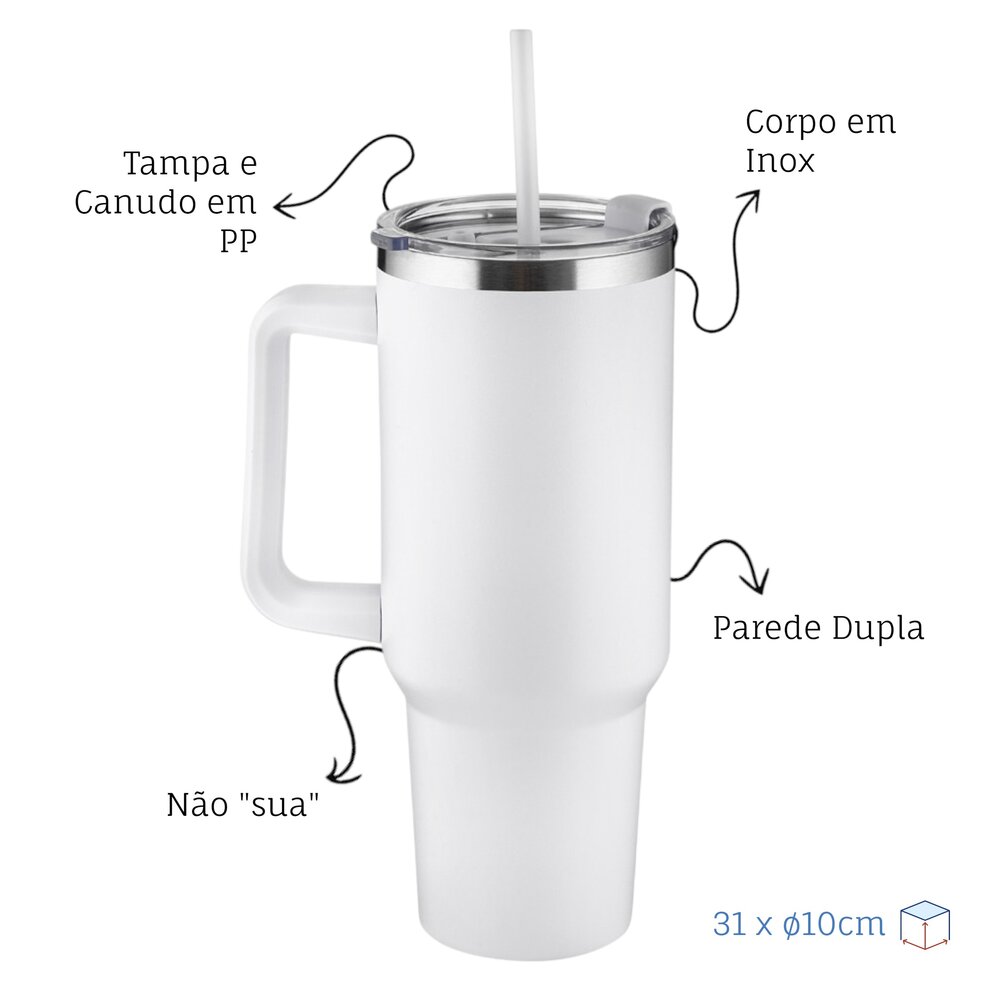 Garrafa Canecão em Inox Parede Dupla 1300ml com Alça e Canudo Branca