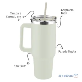 Garrafa Canecão em Inox Parede Dupla 1300ml com Alça e Canudo Bege