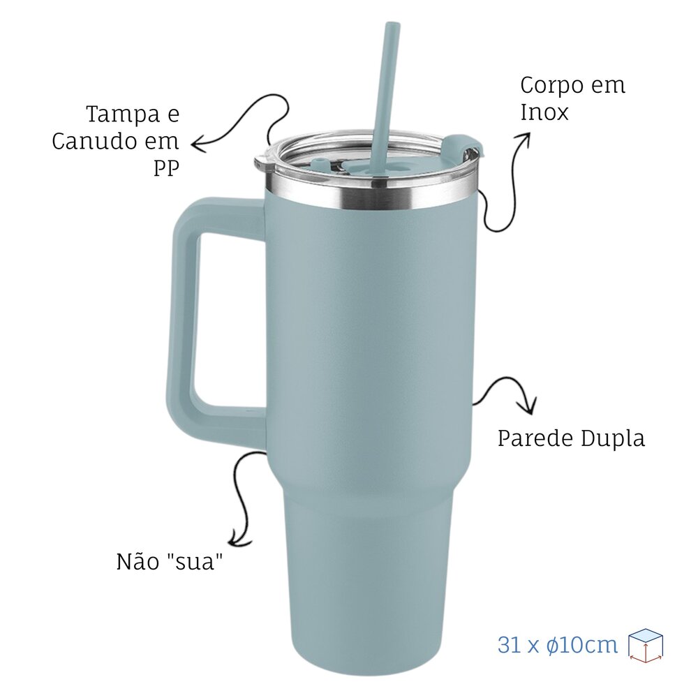 Garrafa Canecão em Inox Parede Dupla 1300ml com Alça e Canudo Cinza