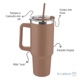 Garrafa Canecão em Inox Parede Dupla 1300ml com Alça e Canudo Marrom