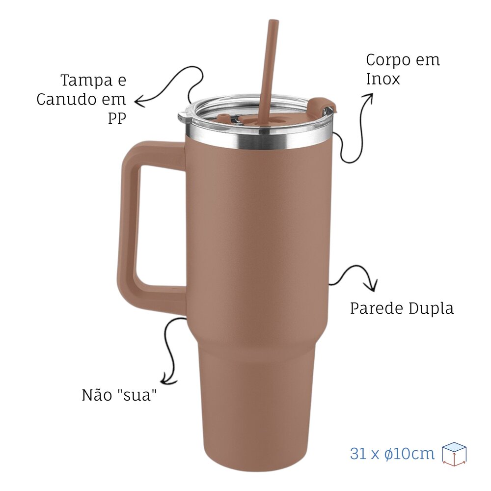 Garrafa Canecão em Inox Parede Dupla 1300ml com Alça e Canudo Marrom