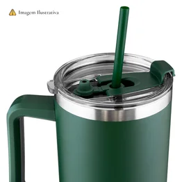 Garrafa Canecão em Inox Parede Dupla 1300ml com Alça e Canudo Preta
