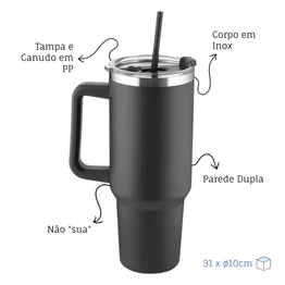Garrafa Canecão em Inox Parede Dupla 1300ml com Alça e Canudo Preta