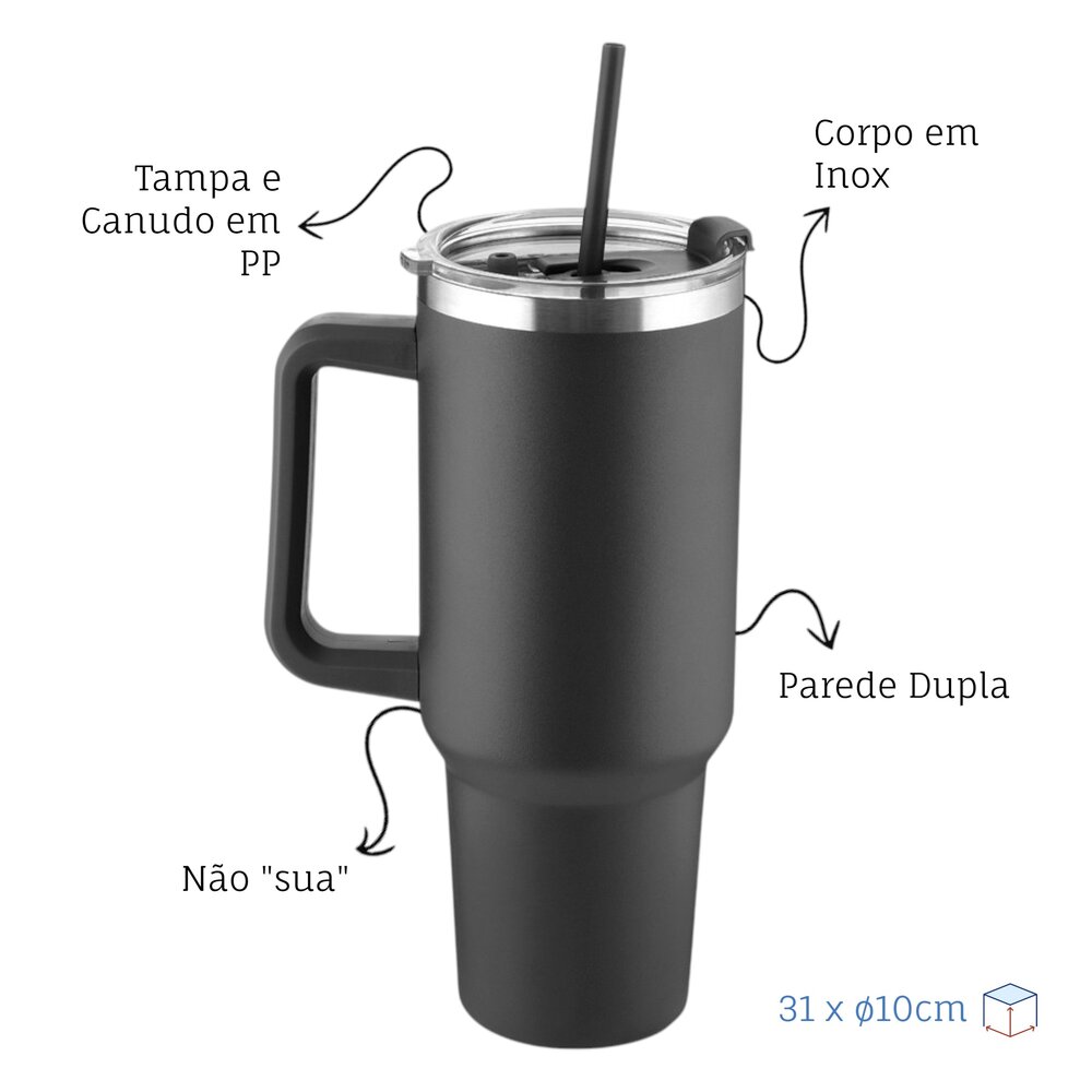 Garrafa Canecão em Inox Parede Dupla 1300ml com Alça e Canudo Preta