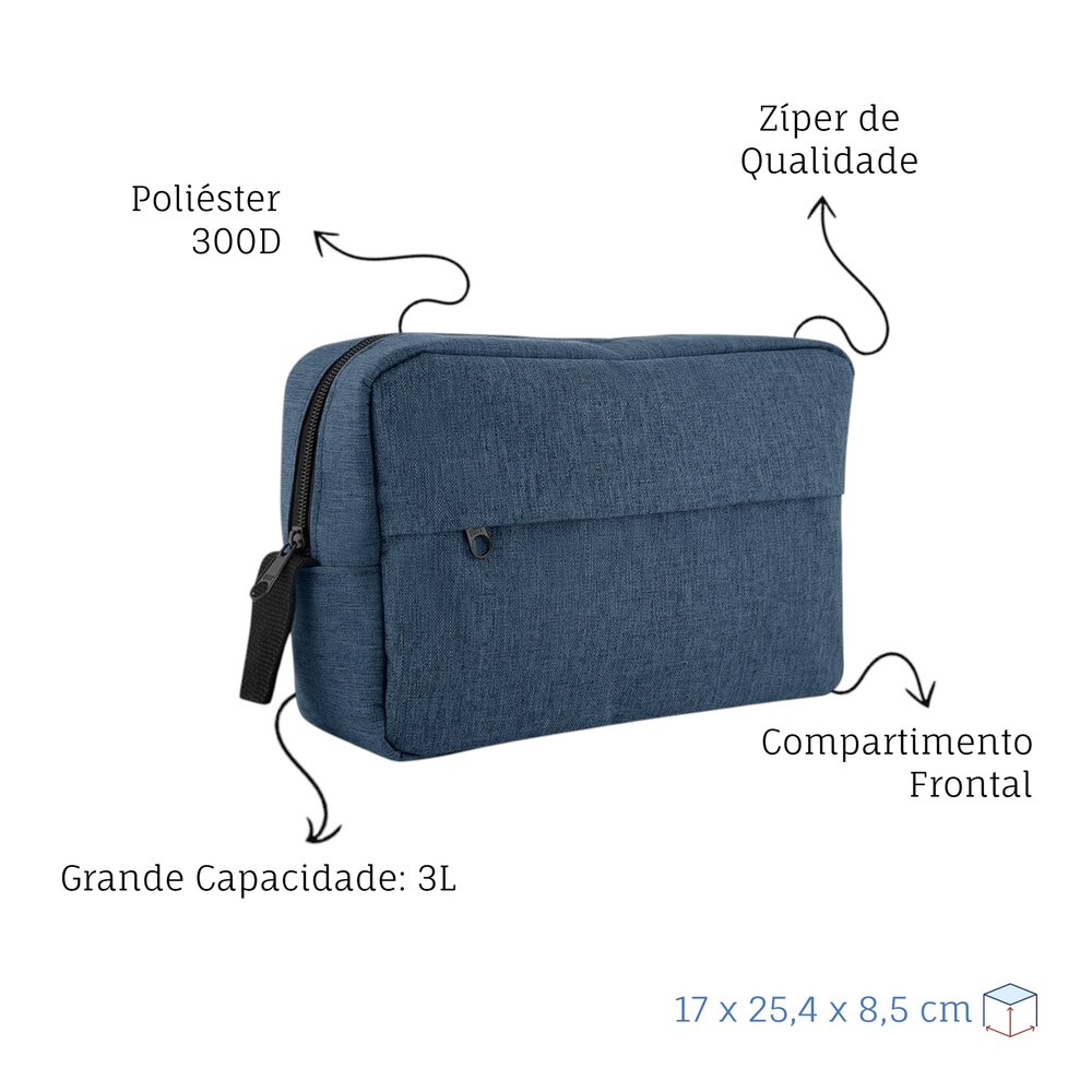 Necessaire Grande em Poliéster com Alça e Zíper 3L Azul