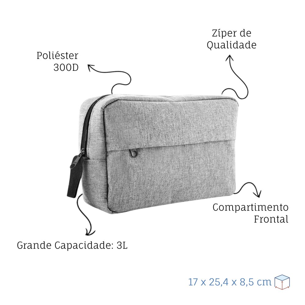 Necessaire Grande em Poliéster com Alça e Zíper 3L Cinza