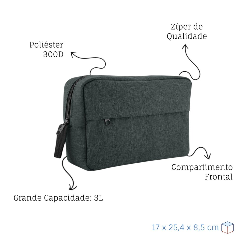 Necessaire Grande em Poliéster com Alça e Zíper 3L Preta