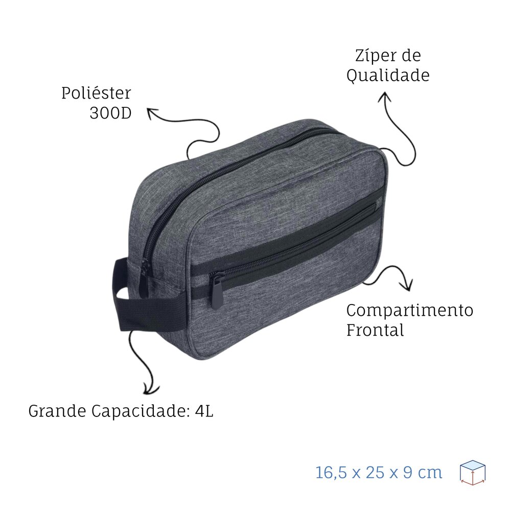 Necessaire Grande em Poliéster com Alça e Zíper 4L Cinza