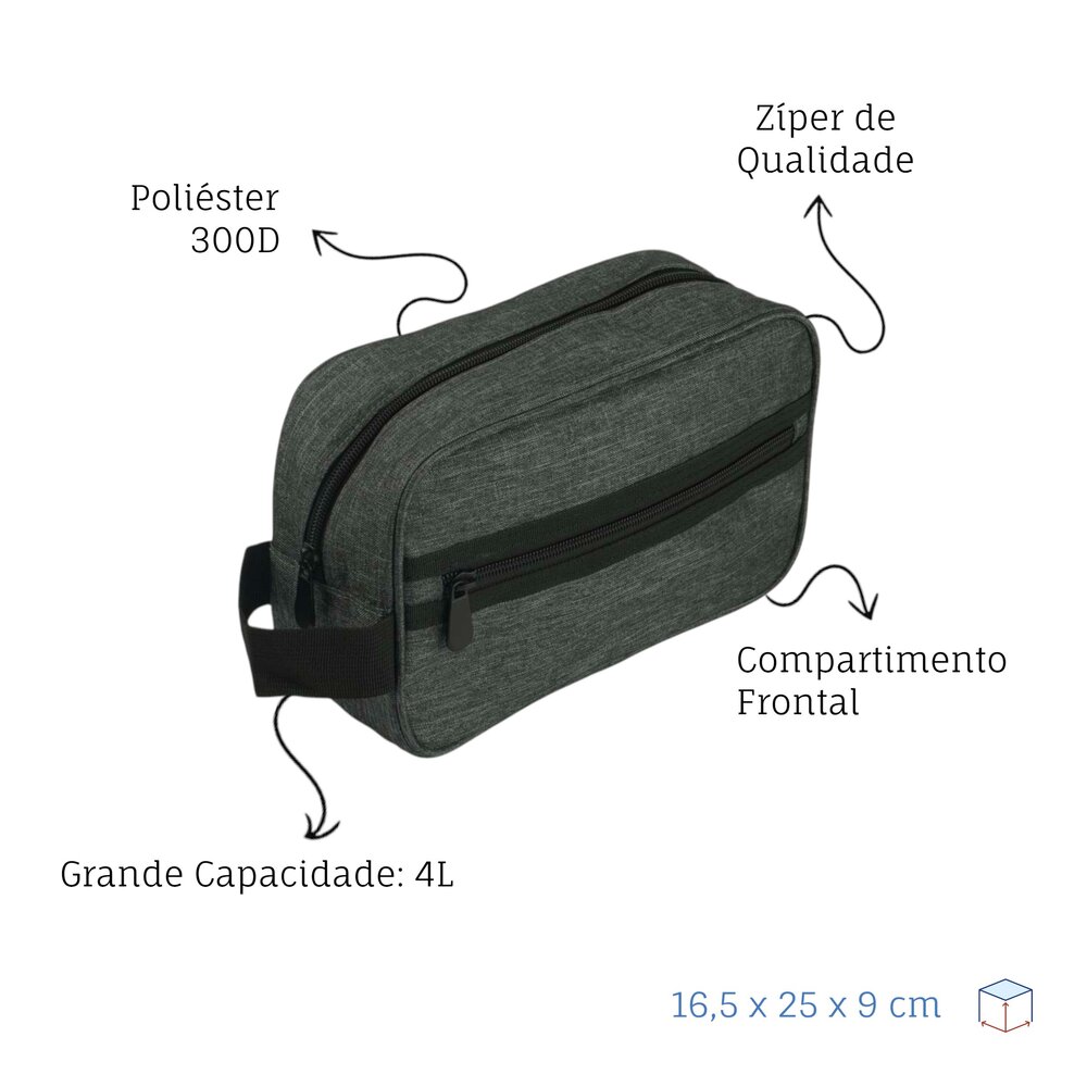 Necessaire Grande em Poliéster com Alça e Zíper 4L Preta