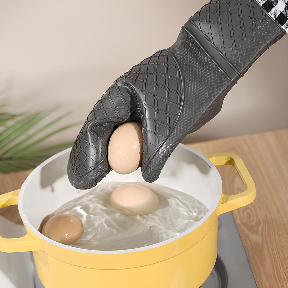 Luva de Silicone Térmica Resistente ao Calor Xadrez - Cinza